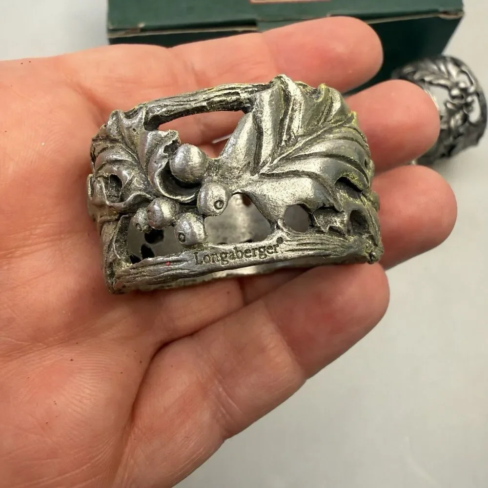 Longaberger 2001 American Holly Pewter Napkin Rings Set 4 Christmas NEW